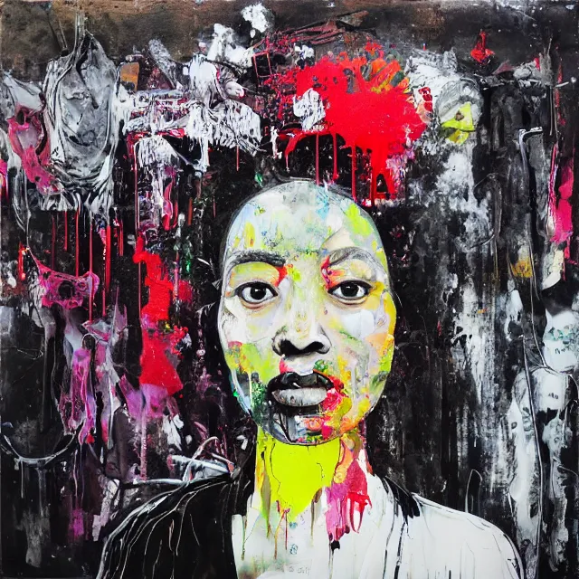 Prompt: “ a portrait in a female art student on a street in nairobi, fear, afraid, bustling, art supplies, anxiety, medical supplies, pills and medicine, ikebana, herbs, a candle dripping white wax, squashed berries, berry juice drips, acrylic and spray paint and oilstick on canvas, surrealism, neoexpressionism ”