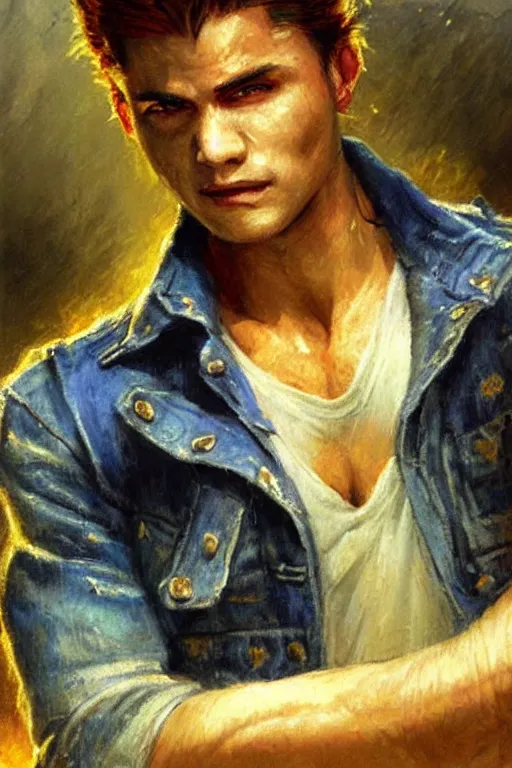 Prompt: a 2 5 year old contract killer named spike. he is a maniac with a stolen cop car. he wears a denim vest. art by gaston bussiere.