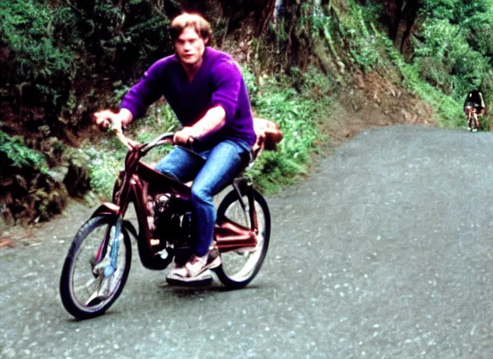 Prompt: film still of thanos riding a small childrens bike down a steep mountain road in the goonies 1 9 8 5