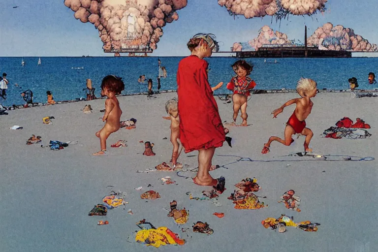 Image similar to kids playing at the beach, huge atomlc explosion in the background, wide angle shot, by norman rockwell, by mattias adolfsson,, oil on canvas by moebius and satoshi kon, hd, 4 k, high quality,