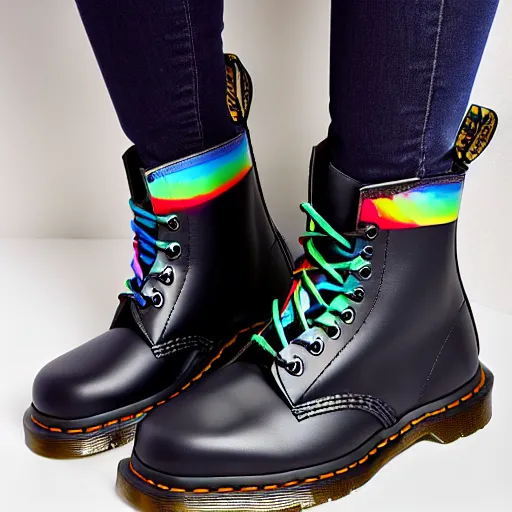 Prompt: a black leather dr martens boot with rainbow laces