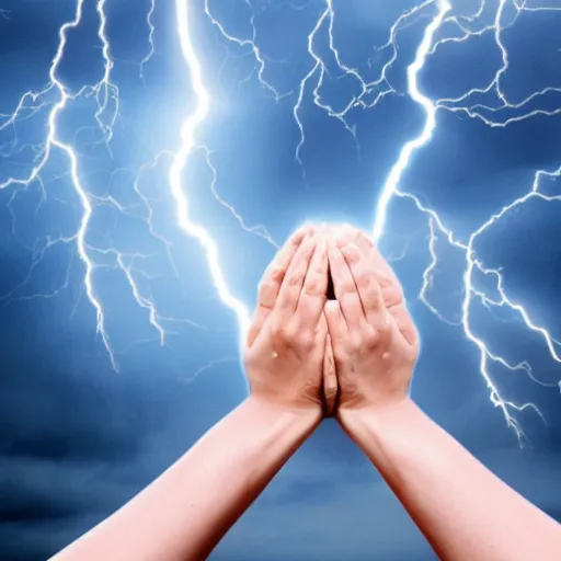 Prompt: a woman sitting a table, holding her palms up, one full of thunder and one full of lightning