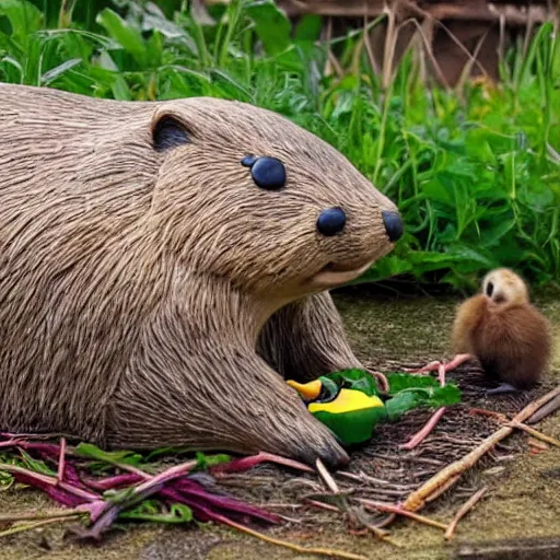 Prompt: real beaver and real duck sitting on vegetables