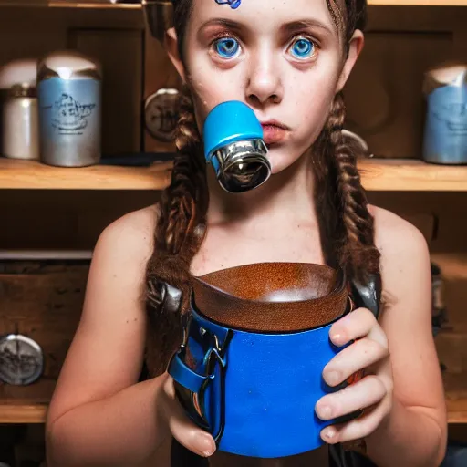 Image similar to a little blue-skinned girl with messy black hair sharp pointed ears freckles along the ridges of her cheeks in a pantry drinking from a leather flask, blue skinned dnd triton, high resolution film still, 4k, HDR colors