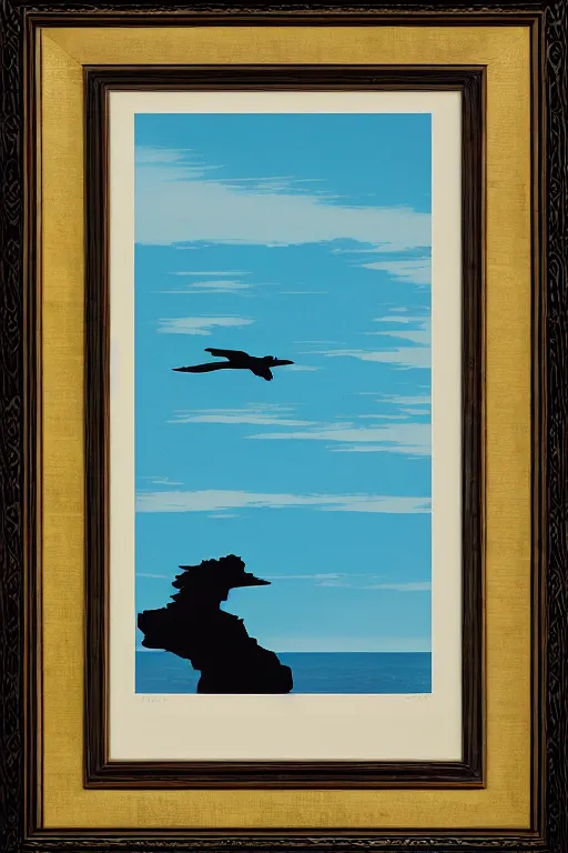 Image similar to silhouette of an eagles talon against the backdrop of the sky and ocean, mid century art