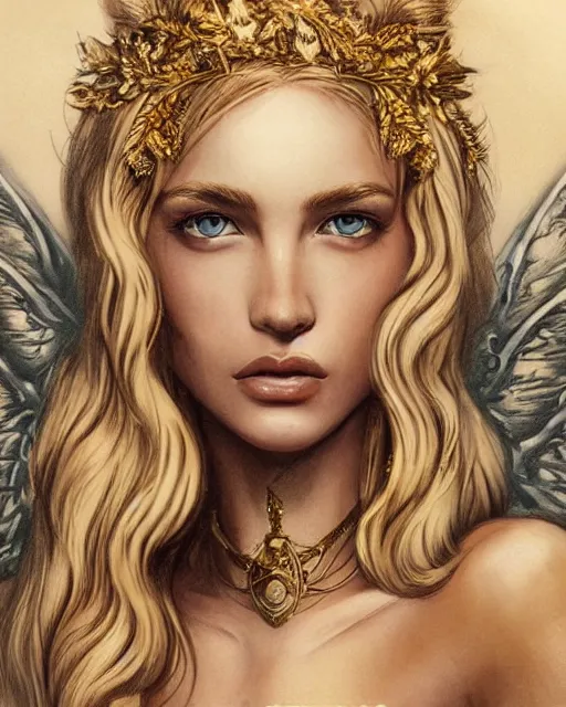 Image similar to tattoo design sketch of hot blonde super model as aphrodite greek goddess wearing a gold laurel wreath and triangle earrings, beautiful piercing gaze with sharp pupils, in the style of greg rutkowski, fantasy, amazing detail, epic, elegant, smooth, sharp focus, front view