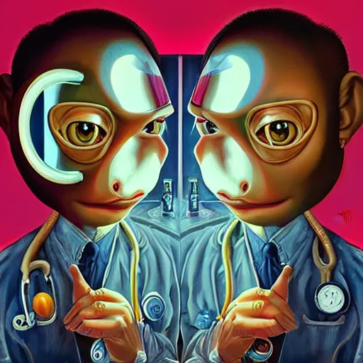 Image similar to lofi monkey in front of a mirror reflecting anger of a human face, symmetrical hands, doctors mirror, Pixar style by Tristan Eaton Stanley Artgerm and Tom Bagshaw, high detail