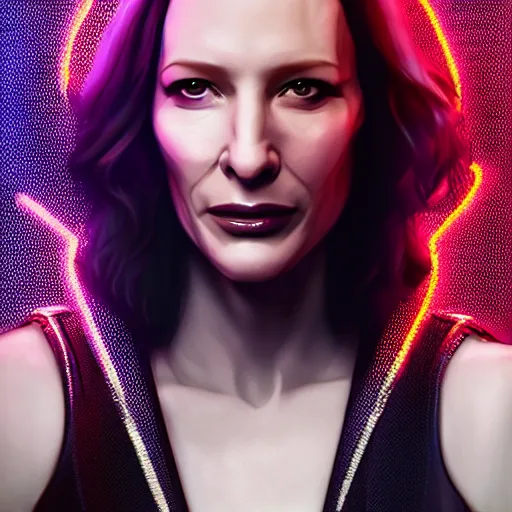 Image similar to cate blanchett portrait, cyberpunk 2 0 7 7, cyberpunk judy alvarez, photorealistic, ultra detailed, neon, octane, bokeh, cinematic lighting, cyber, cyberpunk city, studio quality, feature, scars, cyberface, 8 k