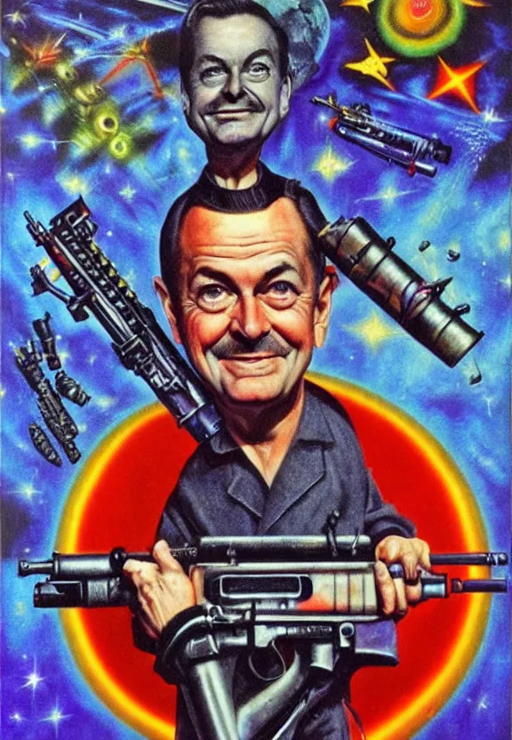 Prompt: one famous person, simple, subgenius, x - day, aliens, weird stuff, occult stuff, guns and firepower, illuminati, colorful, hyperrealism, stage lighting