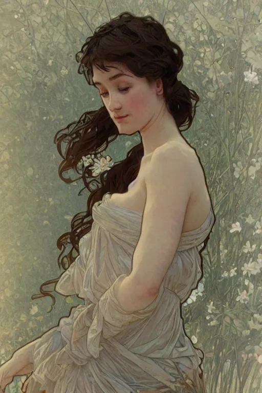 Image similar to beautiful natural coy cottagecore peasant maiden life drawing, intricate, elegant, highly detailed, digital painting, artstation, concept art, smooth, sharp focus, illustration, art alphonse mucha and james gurney and wlop