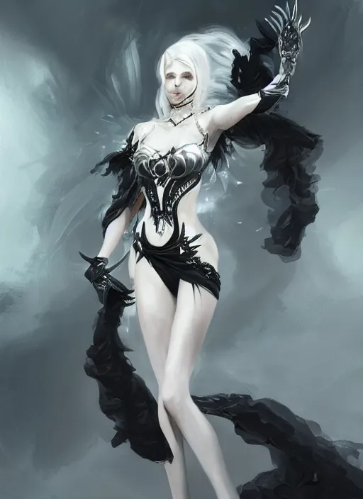 Prompt: a highly detailed illustration of white haired pale lady wearing black blindfold and metal dress, dramatic floating pose, intricate, elegant, highly detailed, centered, digital painting, artstation, concept art, smooth, sharp focus, league of legends concept art, wlop