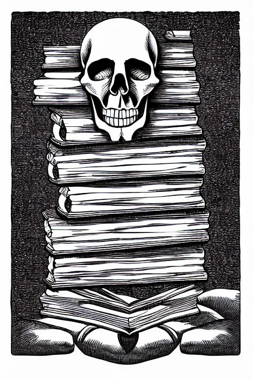 Prompt: stack of ancient books and skulls, art by m c escher, surreal black ink sketch, black and white, vector, vector art