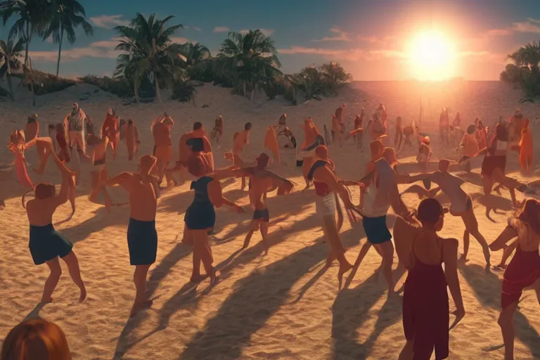 Image similar to everyone dancing at a party at the beach, praising the sun, golden hour, cinematic, atmospheric, 8k resolution, ArtStation, Hyperrealistic