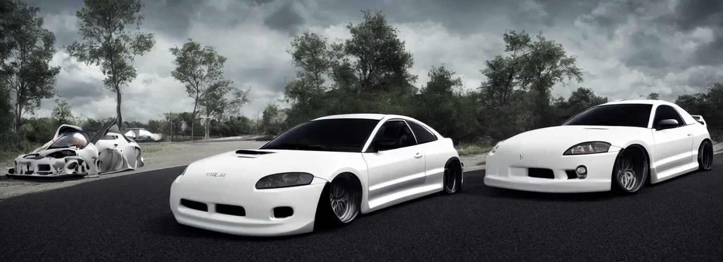 Prompt: a car and driver magazine photo colorful sunny countryside road of a white pearl 2003 Mitsubishi eclipse heavily modified and customized as a performance tune street racing, black rims, samurai vinyl wrap, cinematic lighting, art station, volumetric light, low angle camera, octane render, art station