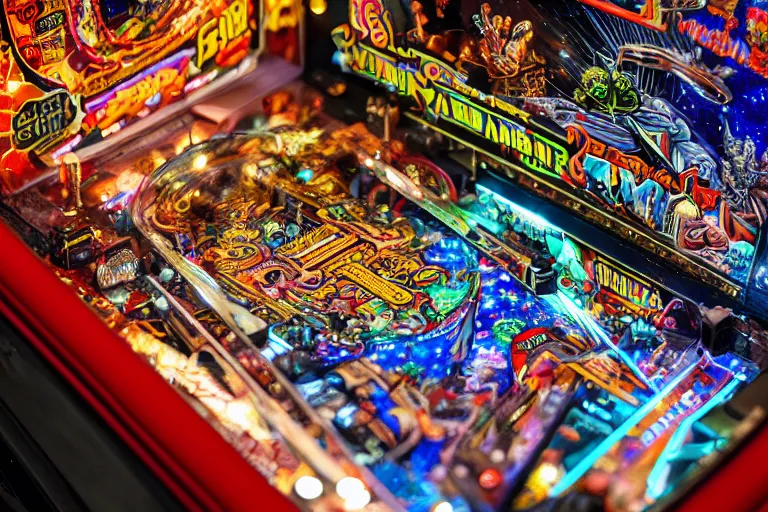 Image similar to full view of a pinball machine, cosmic horror theme, intricate, detailed, realistic, 8k photo