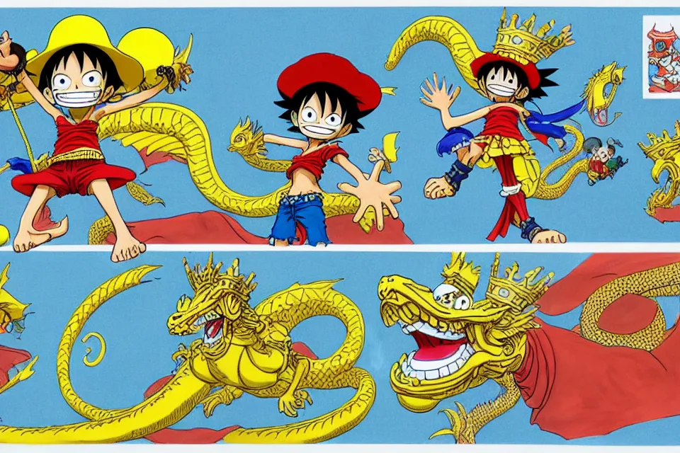 Image similar to concept sketches of luffy wearing a gold crown riding a large dragon by jamie hewlett, in the style of megaman, micro detail, disney cartoon