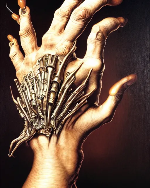 Prompt: human hand fantasy characture portrait, ultra realistic, cinematic, cinematic, wide angle, intricate details, cyborg, highly detailed by caravaggio, aaron horkey, boris vallejo, wayne barlowe, craig mullins, roberto ferri, dali