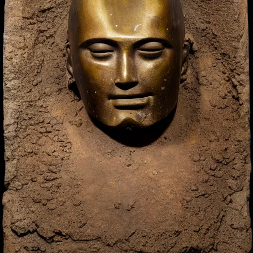 Image similar to an extremely ancient ironman bust that is tarnished and covered in sediment from uncovered earth expedition, rare photograph, smithsonian,