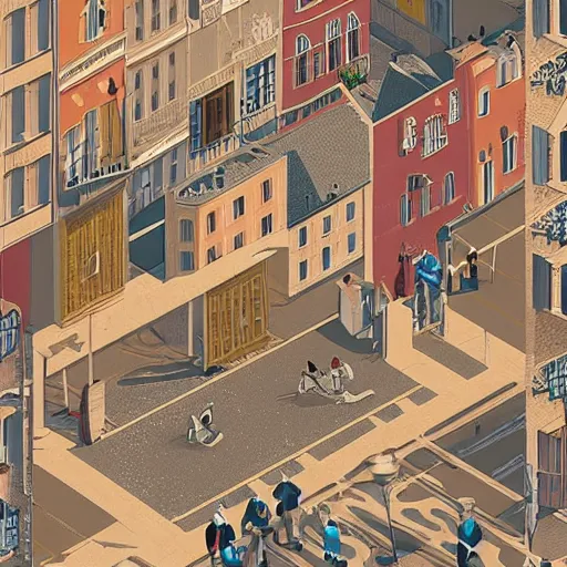 Prompt: dream isometric view illustration of a medieval Marseille street corner, highly detailed, mid day by Victo Ngai and James Gilleard