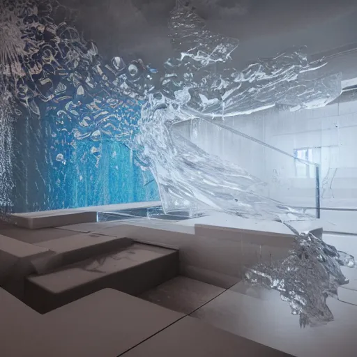 Image similar to villa architecture fluid design, chantal matar well-defined style, monochromatic, natural lighting, volumetric lighting, generative art nebula, cinematic, photo realistic, hyper real, surreal design, flow everywhere, walls made of crystal clear water, droplets on the walls, 8k