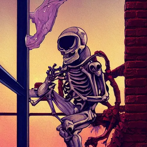 Prompt: skeleton astronaut breaking through a brick wall like the koolaid man, illustration, art by artgerm and greg rutkowski and alphonse mucha