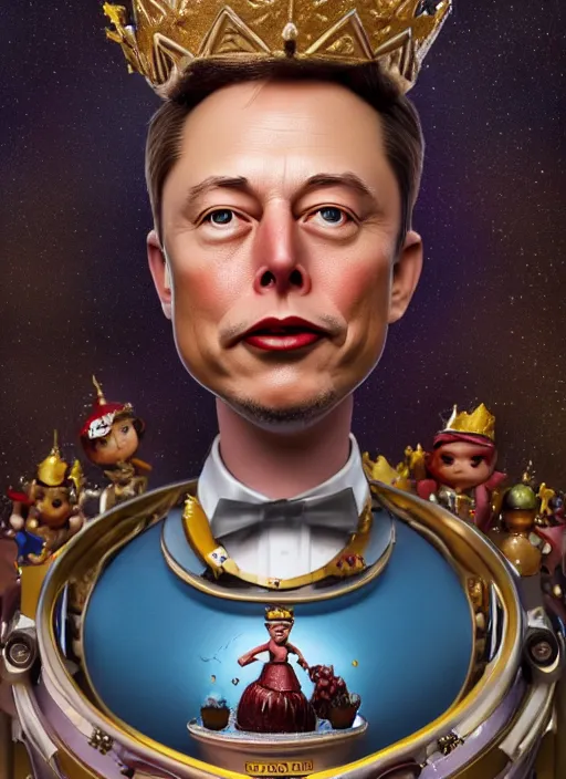 Image similar to closeup face profile portrait of tin toy elon musk as a fairytale prince wearing a crown eating cakes, depth of field, zeiss lens, detailed, symmetrical, centered, fashion photoshoot, by nicoletta ceccoli, mark ryden, lostfish, breathtaking, 8 k resolution, extremely detailed, beautiful, establishing shot, artistic, hyperrealistic, octane render