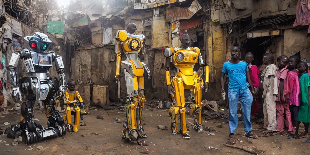 Image similar to mecha robot in Ajegunle slum of Lagos conversing with African Jesus Christ about beauty under a large UFO beaming a neon ray of light,