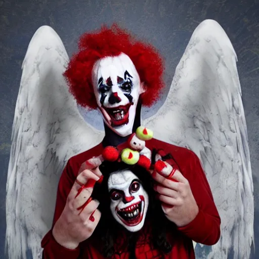 Image similar to demonic hell clown juggling with an angel clown.