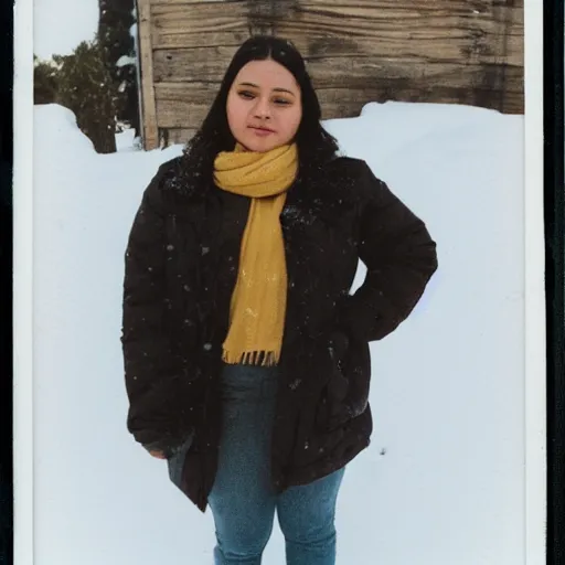 Image similar to full body polaroid of a young woman with black hair, small nose, plump lips, honey colored eyes and symmetrical face standing in front of a snowy cabin