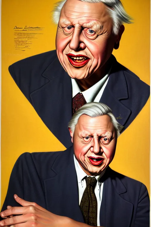 Prompt: david attenborough by gil elvgren and norman rockwell and rob gonsalves and hajime sorayama, hyperrealistic, high detail, ultra detailed, highly detailed face, ruffled fabric