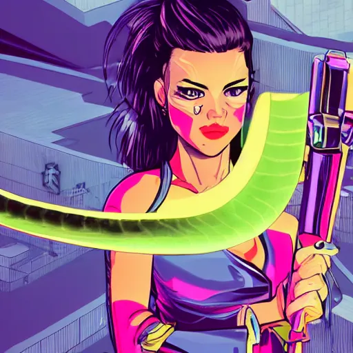 Prompt: super angry girl in a pretty mid-length dress with a sharp katana in front of a cybercity in neon colors, a snake around her shoulders, beautiful high detail photo