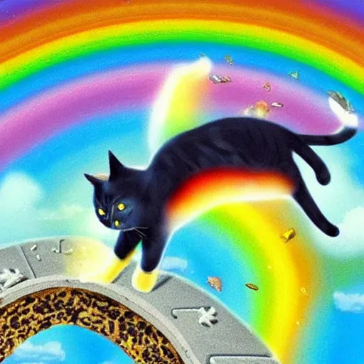 Image similar to cat with a pop tart body flying though space on a rainbow bridge