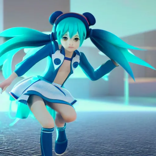 Prompt: Miku dancing, octane render, 8K, depth of field