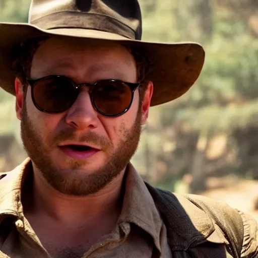 Image similar to Seth Rogen as indiana jones in raiders of the lost ark, 8k resolution, full HD, cinematic lighting, award winning, anatomically correct