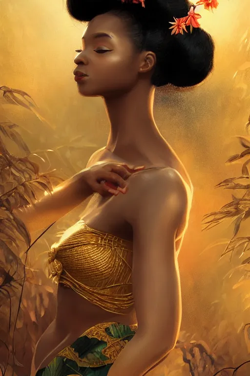 Image similar to stunningly beautiful, nubian geisha prima ballerina in jungle, symmetrical face, golden hour, smooth, focus, highly detailed, hyper realistic, dramatic lighting, elegant, intricate, concept art, art by wlop, mars ravelo, greg rutowski, artstation