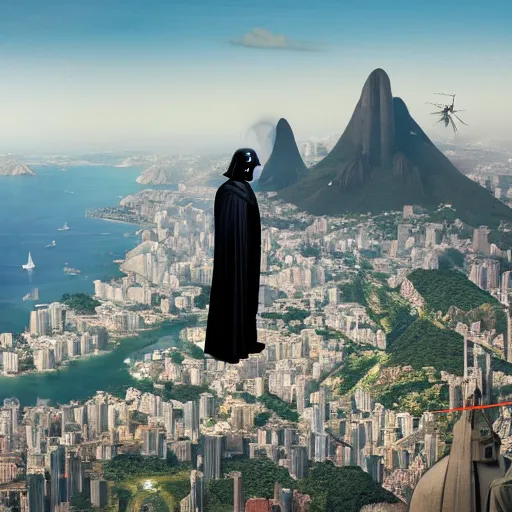 Image similar to a highly detailed picture of, the darth vader as the christo redentor dabbing over rio de janeiro and shouting poggers, ultrawide lens, art by john collier and albert aublet and krenz cushart and artem demura and alphonse mucha, volumetric lighting, octane render, 4 k resolution, trending on artstation, masterpiece