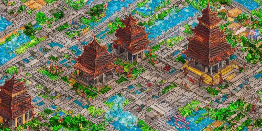 Image similar to vietnamese temple scene, 2 d game art background, sharp, detailed, intricate, game level design, cinematic lighting, trending on artstation, in style of vinodh sivaraja and lam manh, not isometric, not overhead, no people