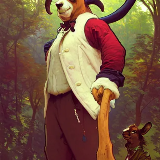 Image similar to anthropomorphic nerdy goat. Renowned character illustration by greg rutkowski, thomas kindkade, alphonse mucha, loish, norman rockwell. Trending on FurAffinity.