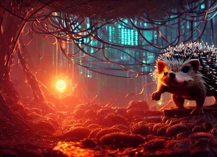 Image similar to intricate hedgehog with optic fibers growing out of it's back, on the background of a weird magical mechanical forest. Very detailed 8k. Fantasy cyberpunk horror. Sharp. Cinematic post-processing. Unreal engine. Nanite. Ray tracing. Parallax. Tessellation