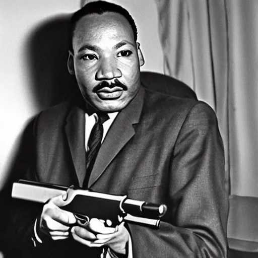 Image similar to martin luther king jr holding a colt rifle, photorealistic