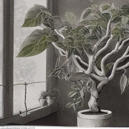 Prompt: a plant of ficus benghalensis in a bedroom in london in the style of 1 9 th century botanical art, aerial roots