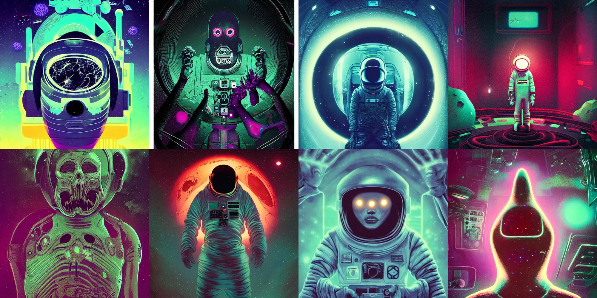 Prompt: beautiful dark astronaut, horror poster 9 0 s, cosmic horror, abstract, ghostly, arcade, duotone, poltergeist, lets get weird, intricate, elegant, highly detailed, smooth, sharp focus, unreal engine 5, raytracing, art by beeple and mike winkelmann, ultraviolet colors,