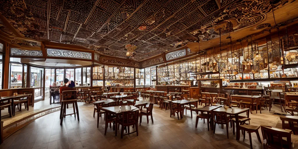 Prompt: interior of a starbucks built inside the forbidden city in china, photography