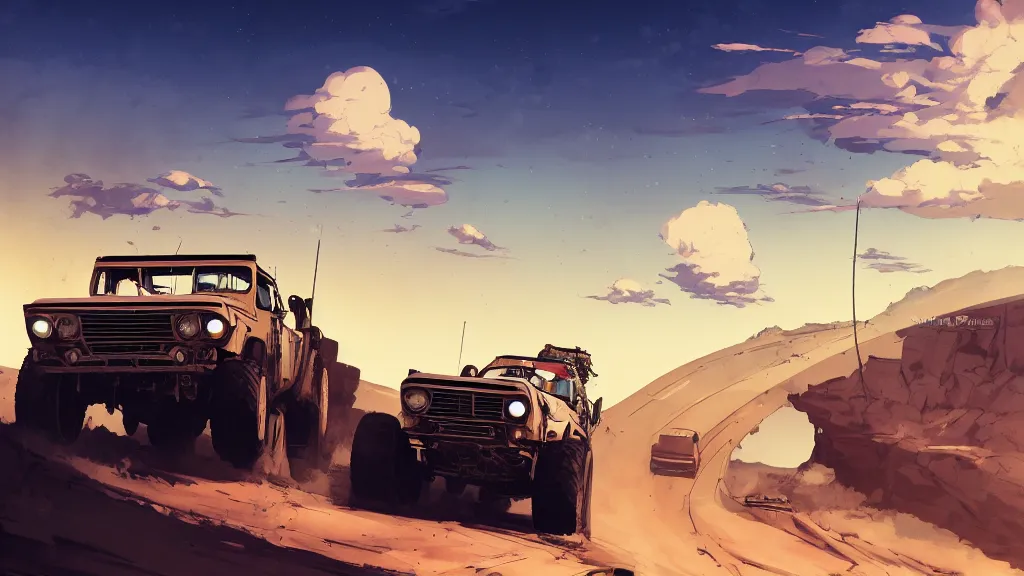 Image similar to digital illustration of mad max's fj 4 0 pursuit special, the last v 8 interceptor driving down a deserted valhalla highway in the middle of the day by studio ghibli, anime style year 2 0 9 3, by makoto shinkai, ilya kuvshinov, lois van baarle, rossdraws, basquiat