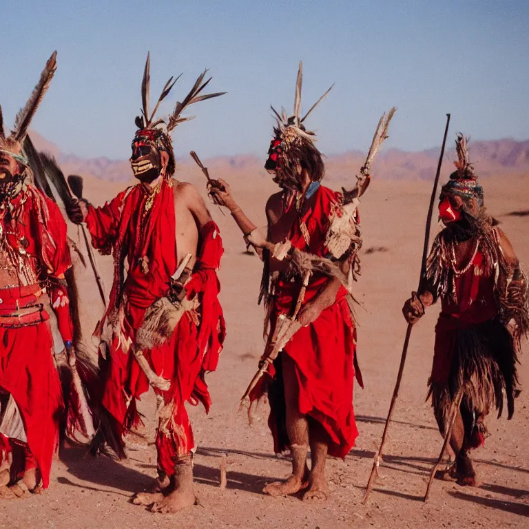 Prompt: 8k pov of a tribe in the desert, Cinestill 800t trending on Flickr, wear red tunics and very long beak gold mask and jewels