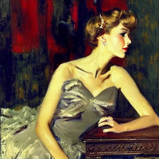 Prompt: Taylor Swift kissing her reflection, 1950s, modest, elegant clothing, tiara, mild impressionism, award winning, by Ilya Repin