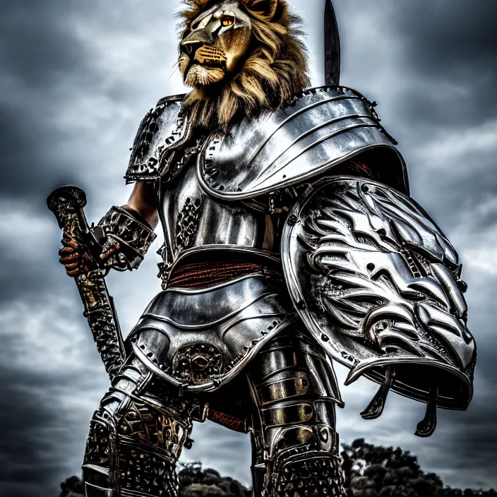 Image similar to photo of a warrior with metal lion themed armour, highly detailed, 4 k, hdr, smooth, sharp focus, high resolution, award - winning photo