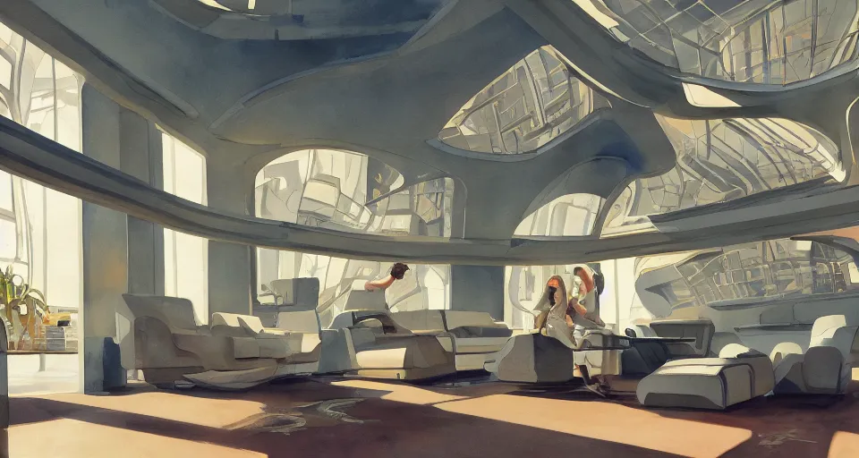 Image similar to a beautiful illustration of futuristic interior hall, lots of furniture, sofa, waiting room, big medium small, sacred geometry, golden ratio, in watercolor gouache detailed paintings, in style of syd mead, trending on artstation,8k, panel, hard surface, vent, zaha hadid, props, plant, cozy