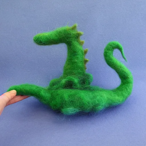 Image similar to a needle felted loch ness monster, needle felting art.