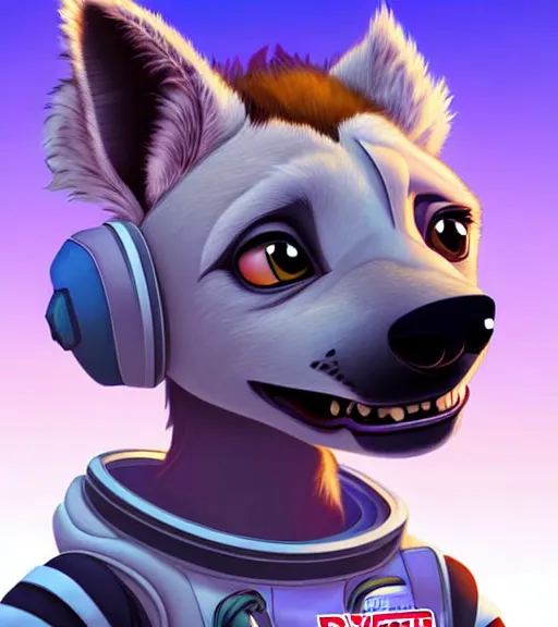 Image similar to digital detailed art of furry female hyena, in style of zootopia, fursona, furry, furaffinity, deviantart, wearing astronaut outfit, in style of disney zootopia, floating in space, space background, hyena fursona, cyberpunk, female, detailed face, style of artgerm,